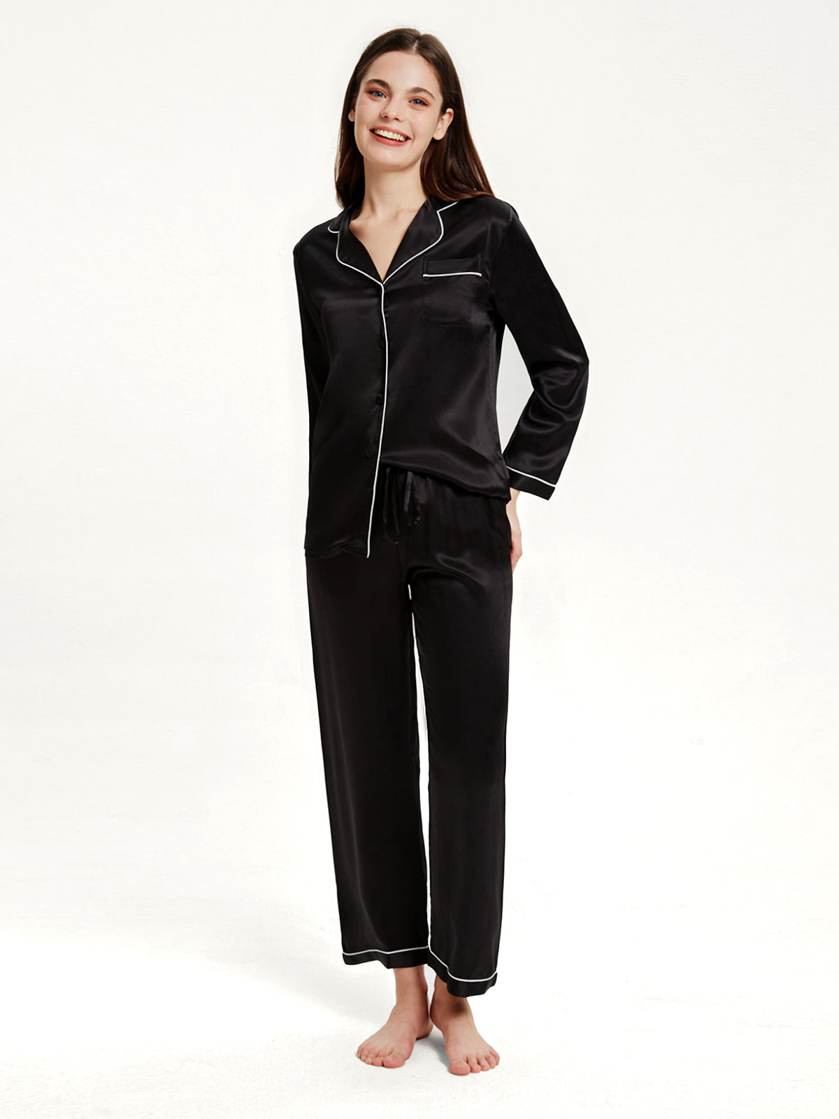 Pyjama Long Soie 19 Momme Col V Classique